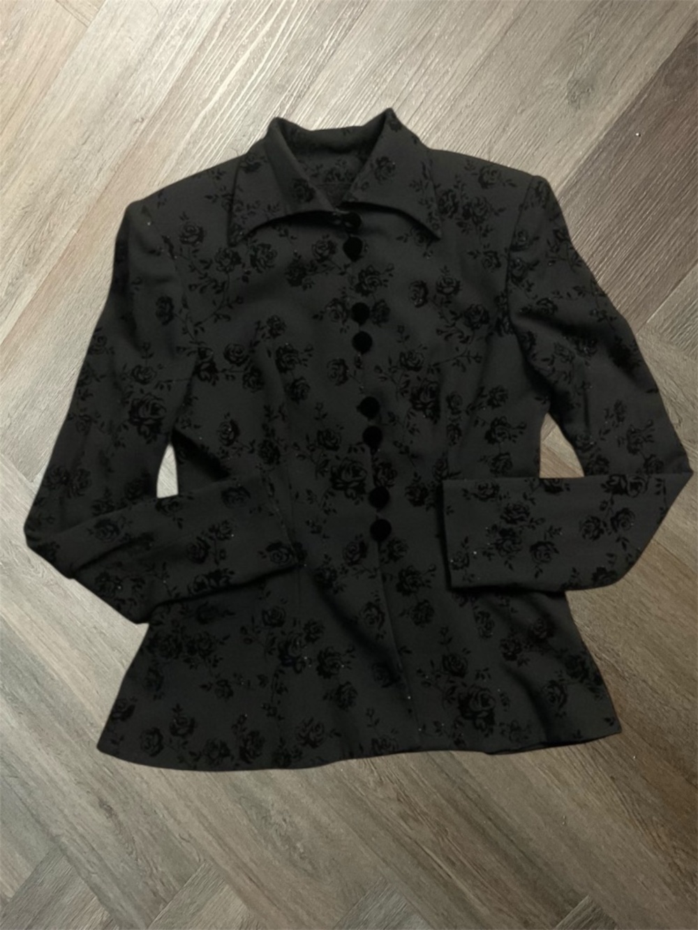 Vintage Peggy‎ Jennings Flocked Floral Rose Velvet Blazer Jacket Womens 4 Black